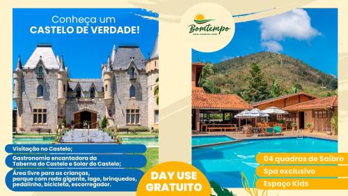 un folleto de una casa y una piscina en Bomtempo II Chales by Castelo Itaipava en Itaipava
