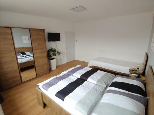 a bedroom with two beds and a mirror at Apartmán Lenka in Boršice