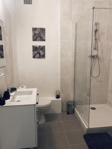 La salle de bains est pourvue d'un lavabo et d'une douche. dans l'établissement L’Atelier, Appartement rénové à 100 mètres du Canal, à Sète