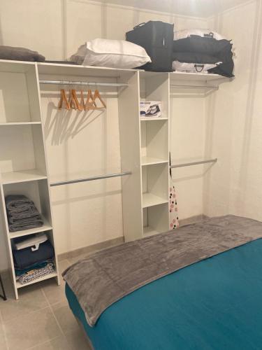 una habitación con estanterías y una cama en una habitación en L’Atelier, Appartement rénové à 100 mètres du Canal, en Sète