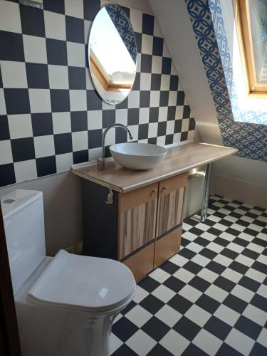 a bathroom with a sink and a toilet at Jūras Vilks in Ventspils