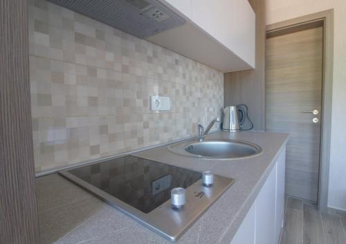 a bathroom with a sink and a tiled wall at Villa Trpe in Ohrid