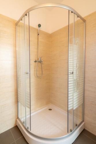 a shower with a glass enclosure in a bathroom at Casa Adrian in Corbu