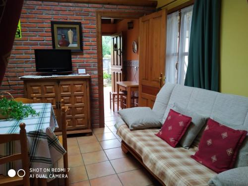 Una sala de estar con un sofá y un televisor. en Apartamentos La Huerta de la Torre, en Cangas de Onís