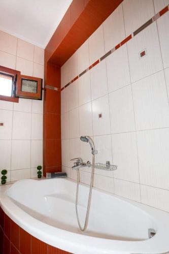 a bath tub with a shower in a bathroom at Martha Apartment in Nikiti