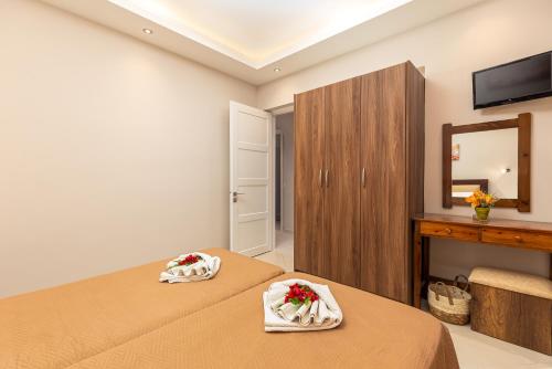 a bedroom with two beds and a mirror at Rapanos Apartments in Paleokastritsa