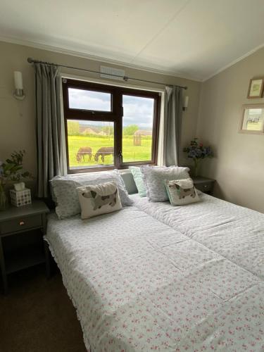 a bedroom with a large bed with a window at Rew Farm Country & Equestrian Accommodation - Sunrise Lodge in Melksham
