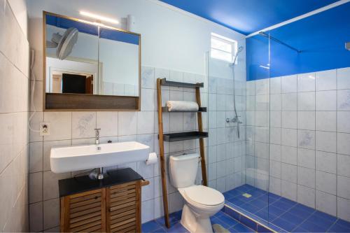 W łazience znajduje się umywalka, toaleta i lustro. w obiekcie Villa Curazon met privézwembad vlakbij het strand! w mieście Jan Thiel
