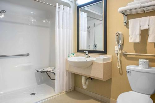 a bathroom with a toilet and a sink and a shower at Quality Inn & Suites in Petawawa