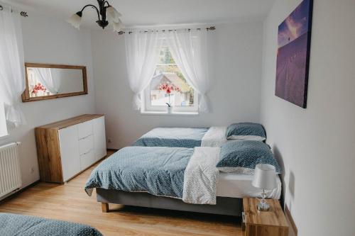 ein Schlafzimmer mit einem Bett und einem Fenster in der Unterkunft Apartamenty Magnolia in Stronie Śląskie