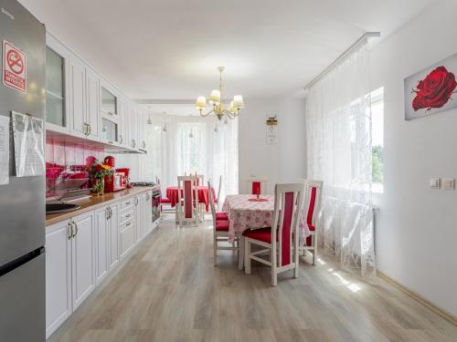 a kitchen with a table and red chairs in it at Pensiunea Casuta cu Trandafiri 2 in Slănic
