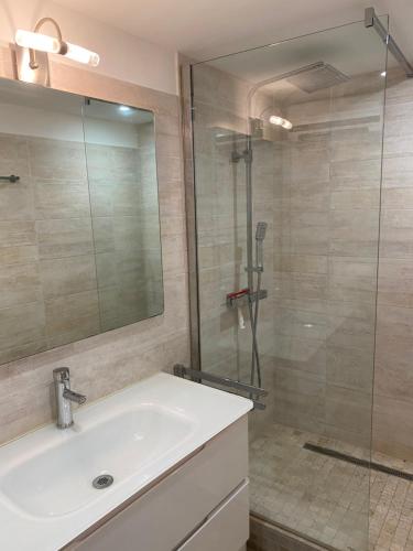 une salle de bain avec un lavabo et une douche en verre dans l'établissement La petite maison bleue, à Gruissan