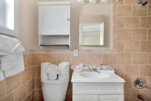 a bathroom with a toilet and a sink and a mirror at Driftwood Resort on the Ocean in Montauk