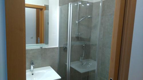 un bagno con doccia, lavandino e specchio di Haus Möltner - Apartment 1927 a Caldaro