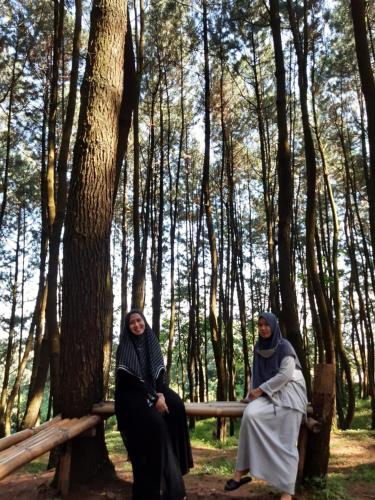two women sitting on a bench in the woods at Saung Orange Village in Bogor