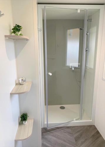 une douche avec une porte vitrée dans une salle de bain dans l'établissement MOBILHOME 3 CH CAMPING 4*, à Onzain