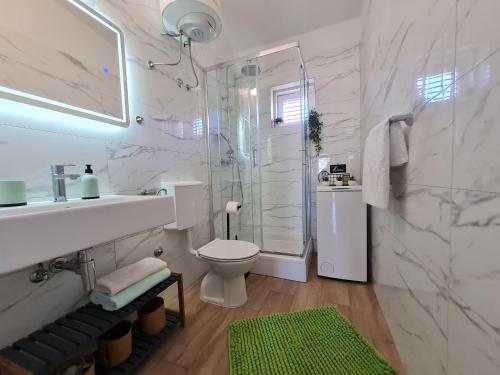 a bathroom with a toilet and a sink and a shower at Apartments Vuckovic in Ražanj