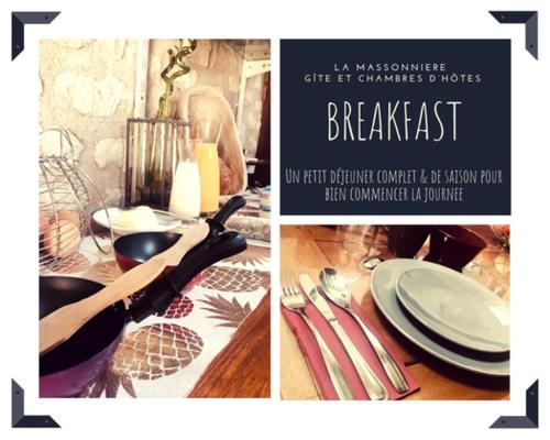 a collage of two pictures of a table with plates and utensils at La Massonnière Gîte et chambres d'hôtes in Mondion
