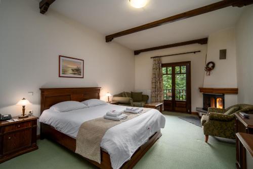 a bedroom with a large bed and a fireplace at Hotel Giamandes in Elati Trikalon