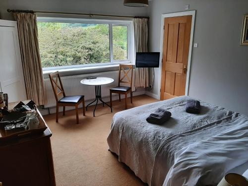 
a bedroom with a bed, desk, chair and a window at The Coach House in Beddgelert
