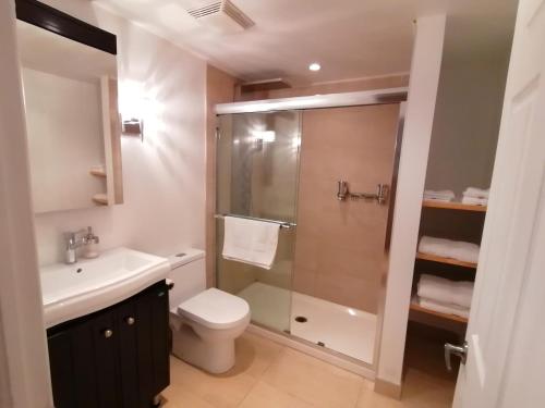 La salle de bains est pourvue d'une douche, de toilettes et d'un lavabo. dans l'établissement Condos Hotel Lion D'Or, à Magog