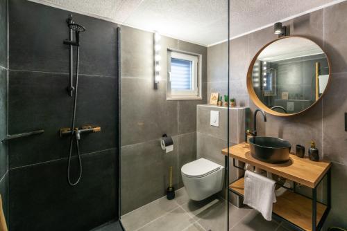 uma casa de banho com um chuveiro, um WC e um espelho. em Bella Casa Eta em Orebić