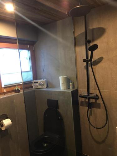 a bathroom with a black toilet and a shower at Bike 'n' Board Lodge Brandnertal in Brand