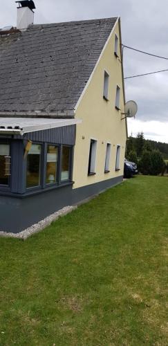 a house with a grassy yard next to a building at Ferienhaus Kühnhaide im Erzgebirge in Kühnhaide