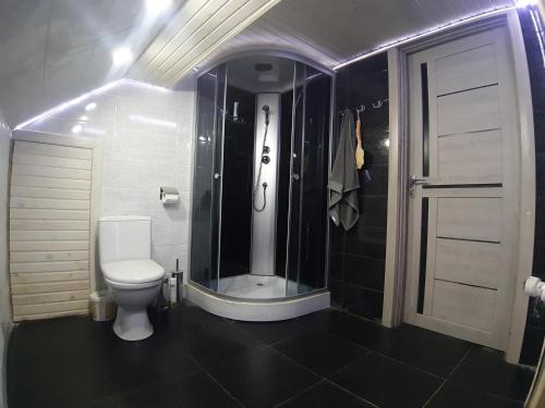 ein Bad mit einem WC und einer ebenerdigen Dusche in der Unterkunft Barlig in Jaremtsche