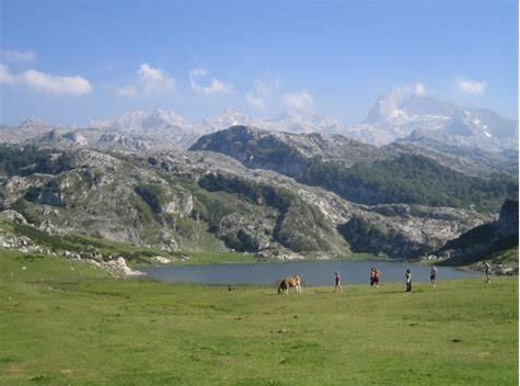a group of people and a horse in a field with mountains at Apartamento Casa Geli #1 in La Robellada de Onis