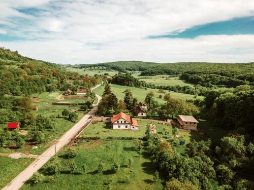 an aerial view of a village in the hills at Casa cu Prispa in Sighişoara