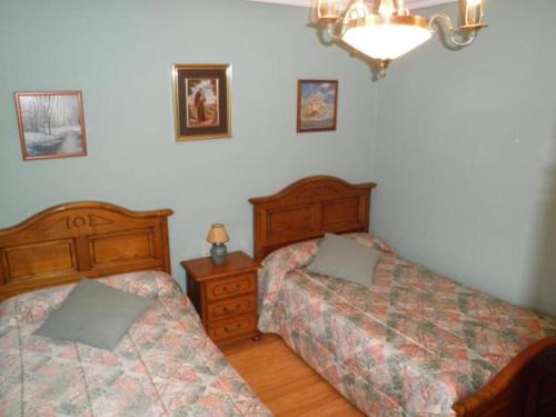 a bedroom with two beds and a chandelier at Apartamento Casa Geli #1 in La Robellada de Onis