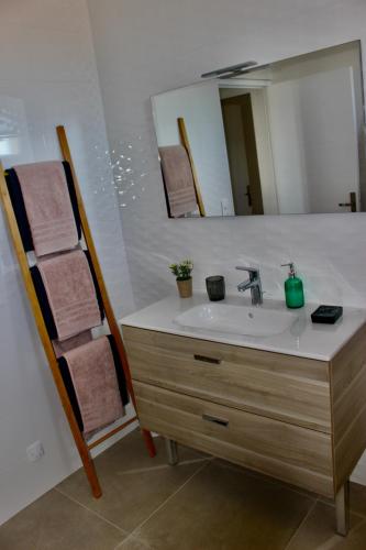 une salle de bain avec un lavabo et un miroir dans l'établissement Le Terracotta , 2chambres, Terrasse, Piscine, Parking gratuit, Wifi, Climatisation, à Marseillan