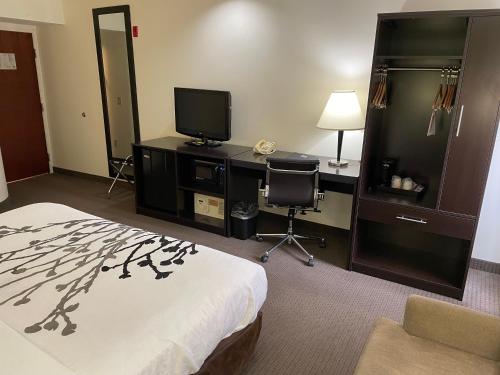 a hotel room with a bed and a desk with a television at Sleep Inn Raleigh Durham Airport in Durham