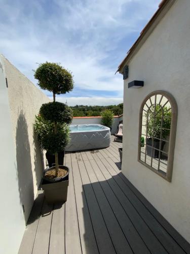 une terrasse en bois avec deux nids d'arbres. dans l'établissement Le Rooftop Tropézien, à Saint-Tropez