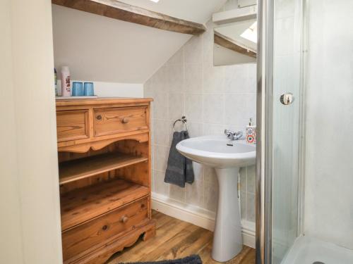 een kleine badkamer met een wastafel en een douche bij Mousehole Cottage in Carlisle