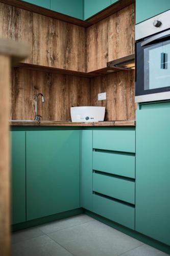 a kitchen with green cabinets and a sink at Soho Magic Lux in Bar