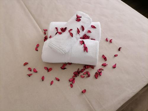 a white towel with red butterflies on a table at I TRE CUORI in Taormina