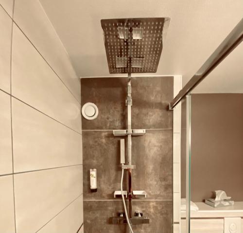 a shower in a bathroom with a shower at Logis Hostellerie la Chaumière in Arsonval