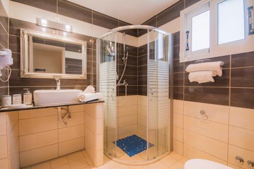 a bathroom with a shower and a sink at Anna Studios in Agios Georgios