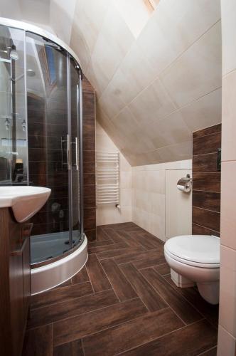 a bathroom with a toilet and a shower and a sink at Villa Maja in Zakopane