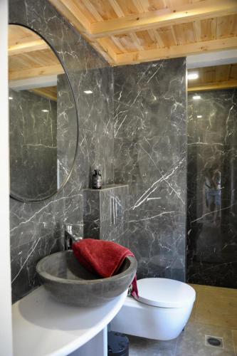 ein Badezimmer mit Waschbecken, Toilette und Spiegel in der Unterkunft Vanua house in Galatás