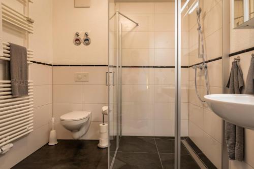 La salle de bains est pourvue d'une douche, de toilettes et d'un lavabo. dans l'établissement Im Unterdorf Apartments Rust, à Rust