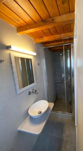 a bathroom with a sink and a shower at Belou apartment in Mikonos