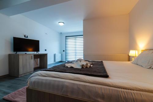 a bedroom with a large bed with a flat screen tv at Agropensiunea Andrei & Ianis in Dăeşti