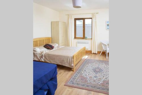 een slaapkamer met een bed, een raam en een tapijt bij Apartment on the Wild Atlantic Way in Tralee