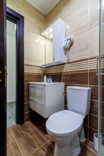 a bathroom with a white toilet and a sink at Agropensiunea Andrei & Ianis in Dăeşti