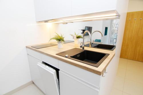 a kitchen with a sink and two sinks at Blue River - Pulaskiego B - private Apartment in Wrocław