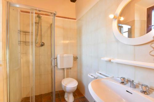 a bathroom with a toilet and a sink and a mirror at Agriturismo I Poggilunghi in Civitella in Val di Chiana