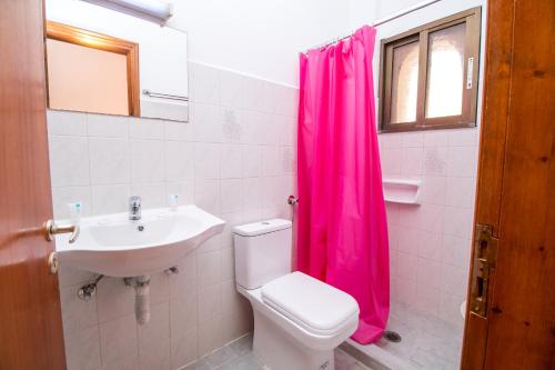 a bathroom with a pink shower curtain and a toilet at Hotel Dorieas (Diagoras Annex) in Faliraki